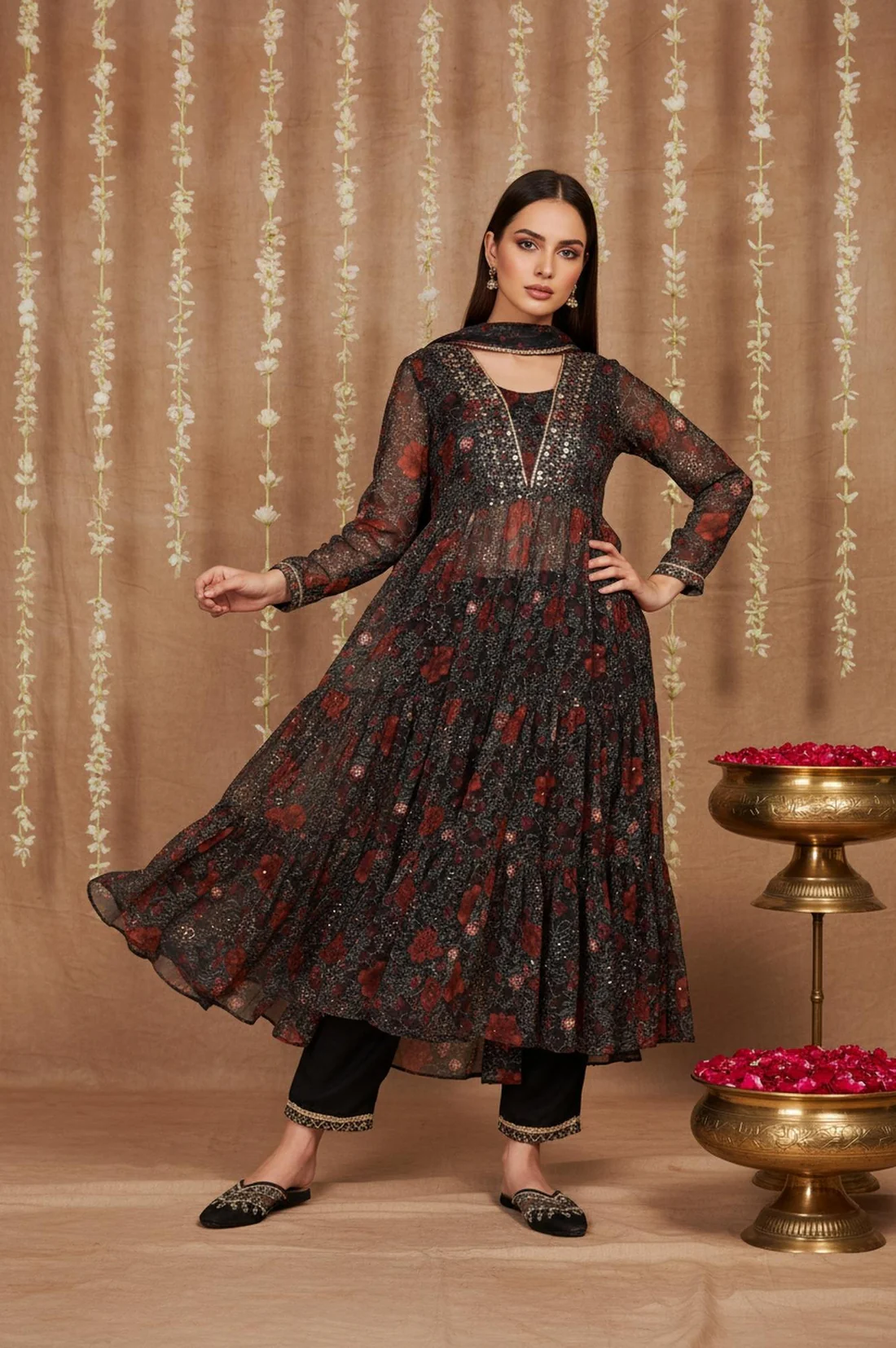 Black Floral Embroidered Anarkali Chiffon Kurta